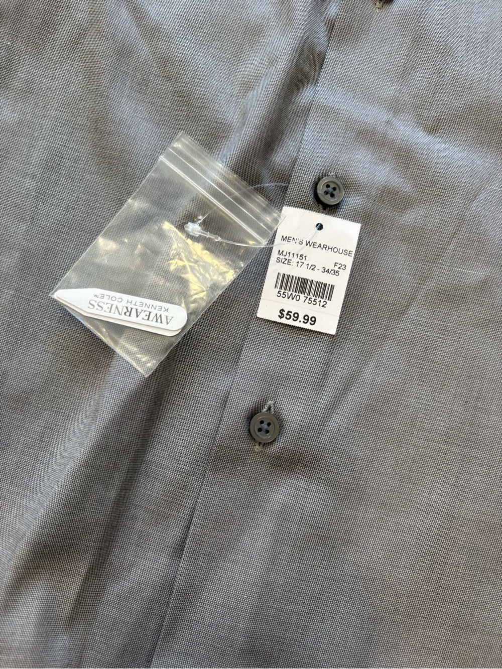 Awearness Kenneth Cole Men's Light Gray Dress Shirt Slim Fit 17.5 NWT - Picture 2 of 3